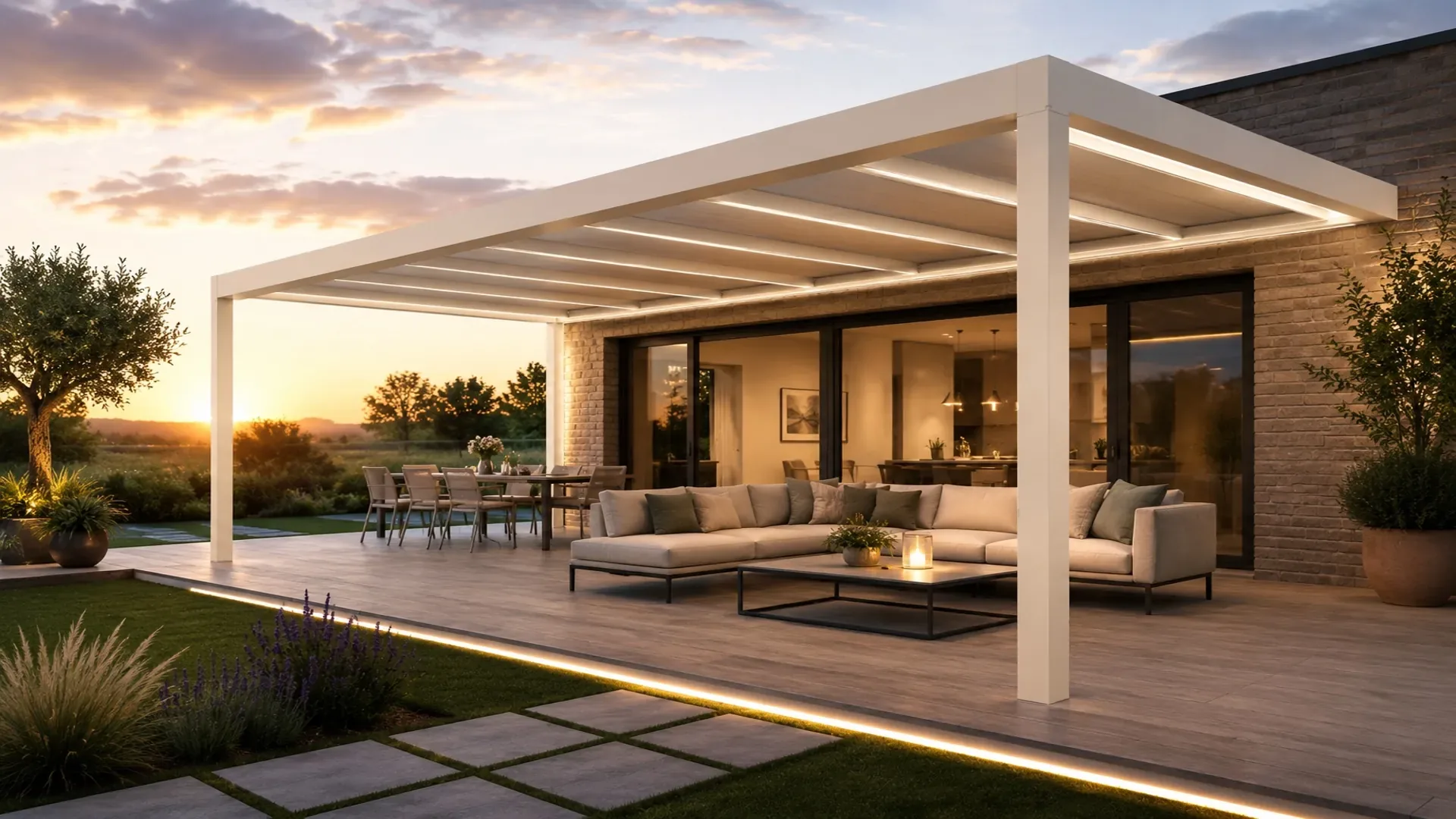 Terrasse couverte par une pergola aluminium, en fin de journée